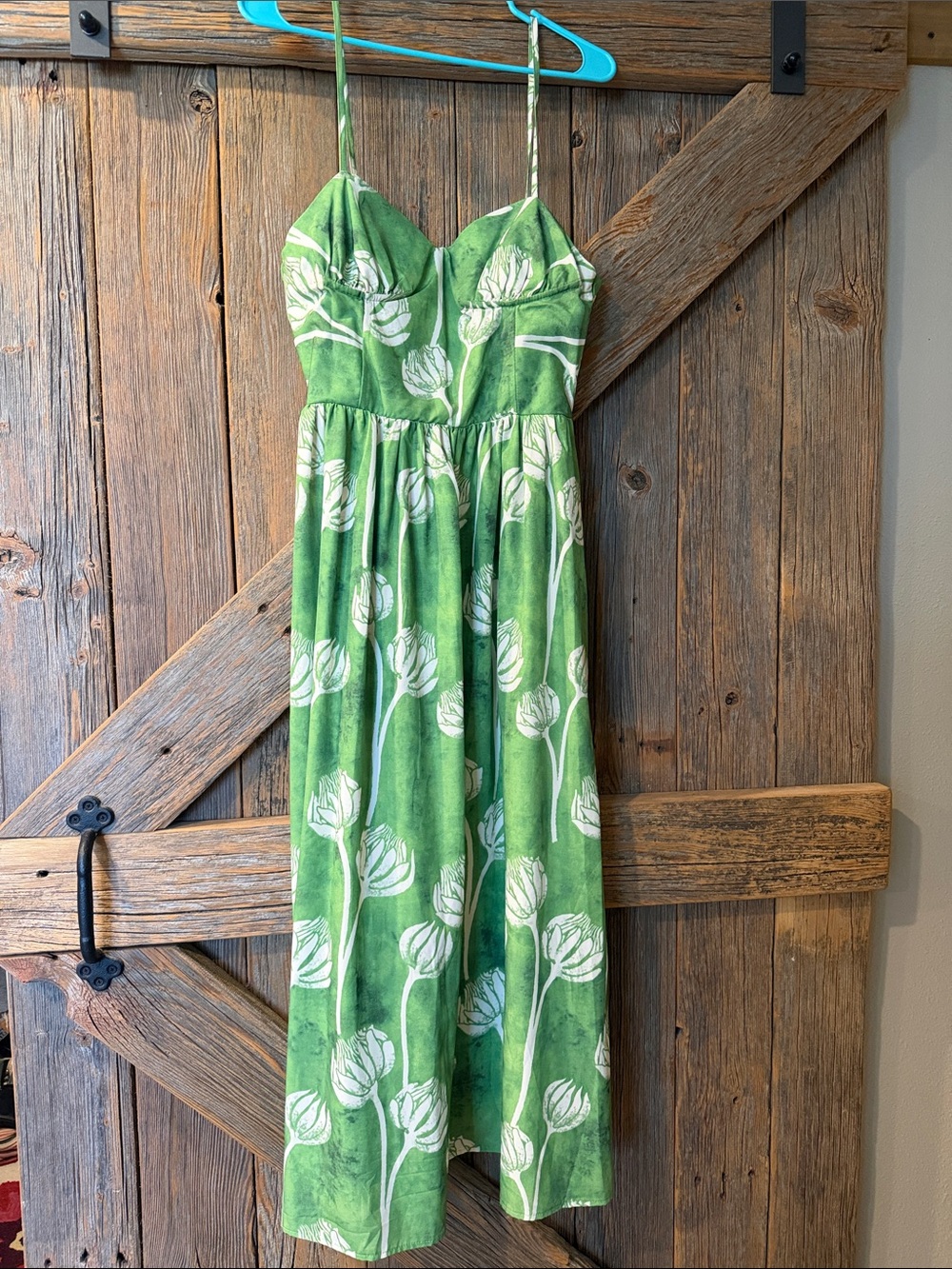 Green Floral Maxi Dress with White Tulip Motif